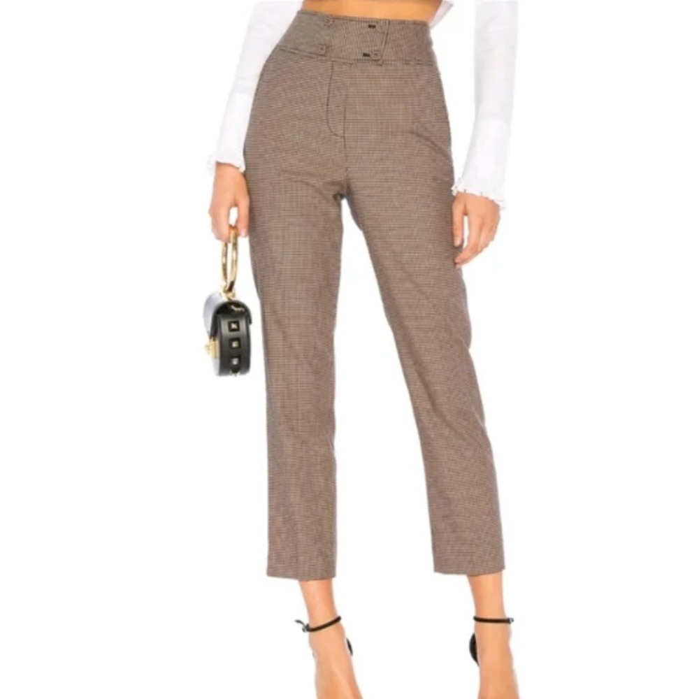 Rebecca Taylor‎ Houndstooth High Waist Straight Leg Ankle Trousers Brown